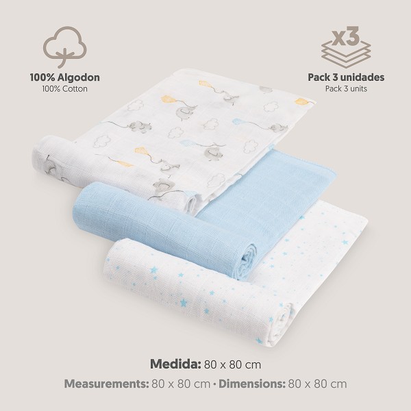 Gasas 80x80 pack de 3 elefantes azul - Imagen 2