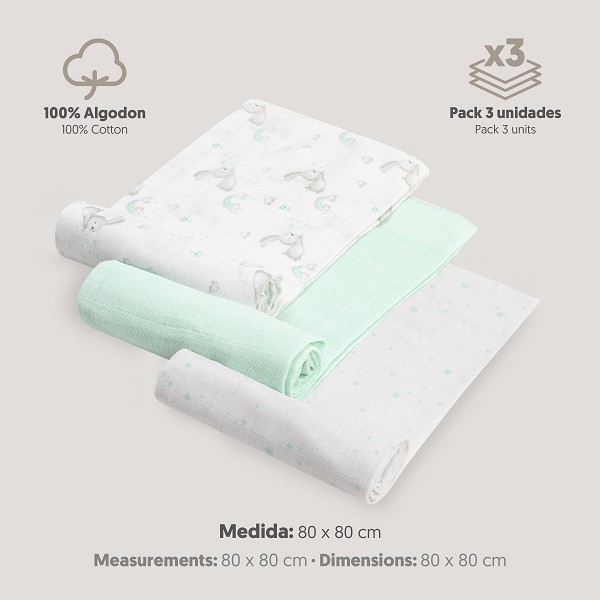 Gasas 80x80 pack de 3 conejitos verde - Imagen 2