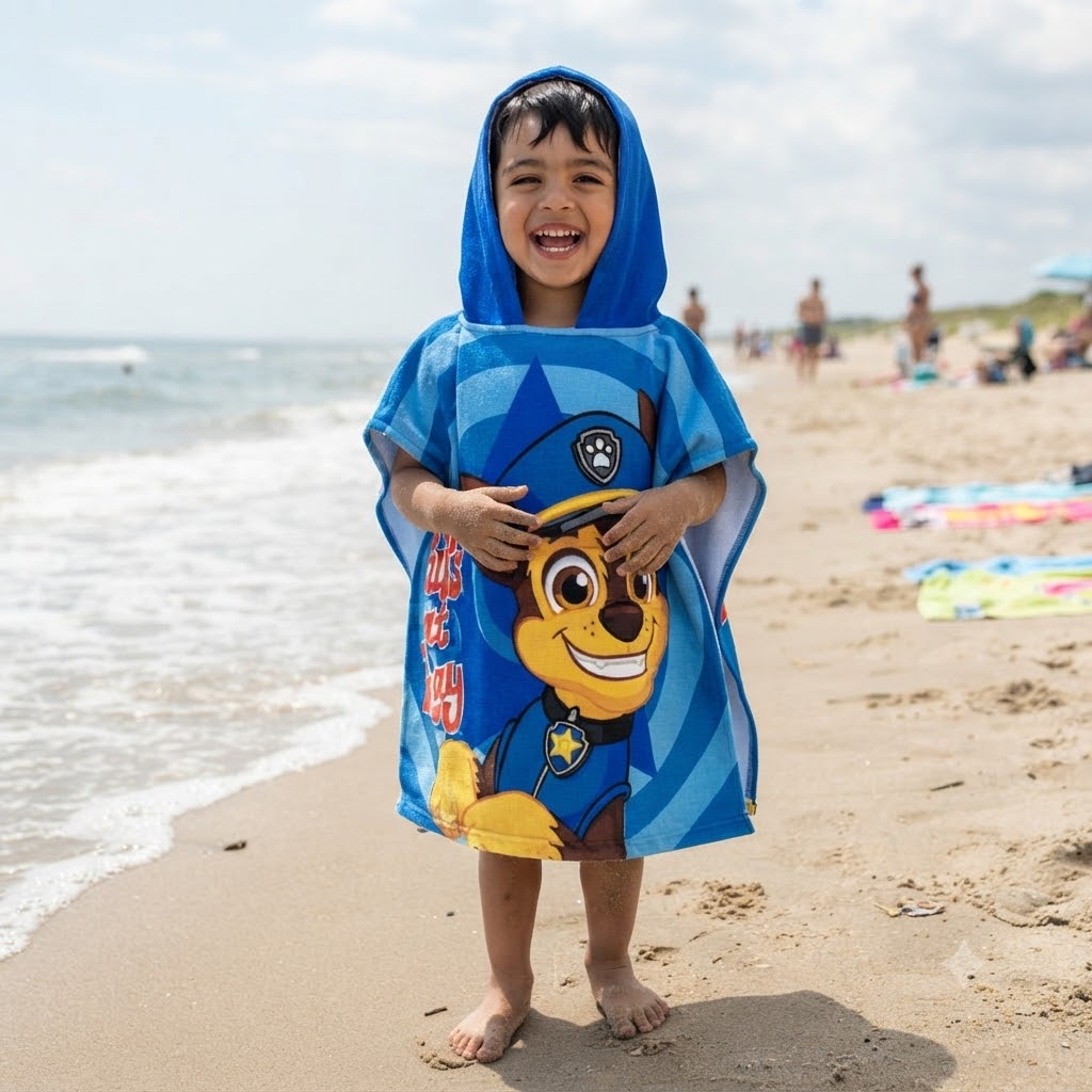 47ea1f34-0293-4216-9b63-5ce9f691fac2 - Da-Da Kids Toddler on the beach wearing a blue Paw Patrol towel and hood, smiling at the camera.