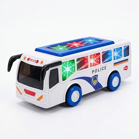 61InF-c0USL_SY450_ - Da-Da Kids White toy police bus with blue wheels, colorful top lights, and police decals on the side.