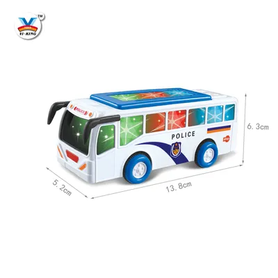 School-Bus-and-PC-Wagon-Friction-Electric-Flash-Stunt-Inertia-Car-Kids-Educational-Toys - Da-Da Kids White toy police bus with colorful square side panels and a blue roof; measures about 13.8 cm long, 5.2 cm wide, 6.3 cm tall.