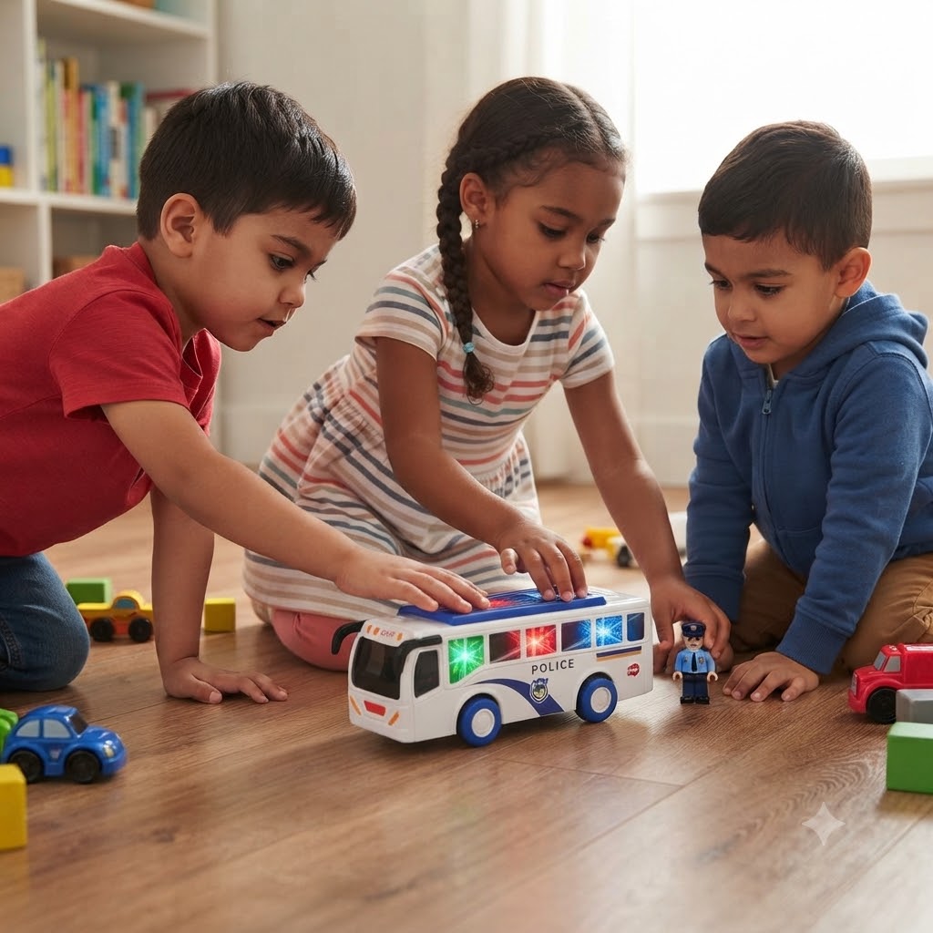 dba15123-73f4-44db-aed9-d3c6d635bbf7 - Da-Da Kids Three kids play on the floor with a toy police bus and figures in a bright playroom.