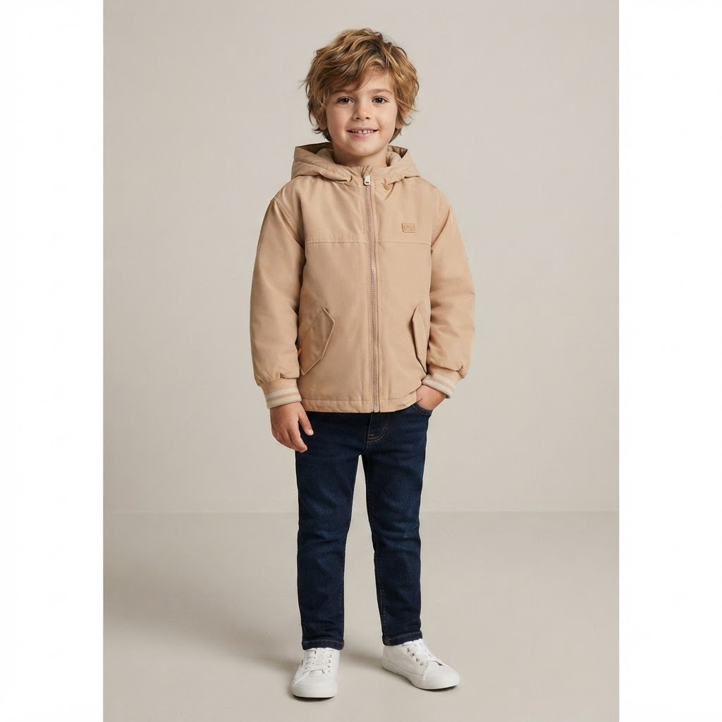 216c8544-04d6-4a0c-a131-4f11dac3badc - Da-Da Kids Child wearing a beige hooded jacket, dark jeans, and white sneakers, standing and smiling against a neutral backdrop.