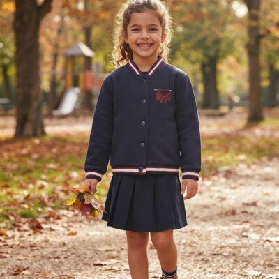 Smiling young girl in a navy school jacket and pleated skirt walks on a leaf-covered path in autumn