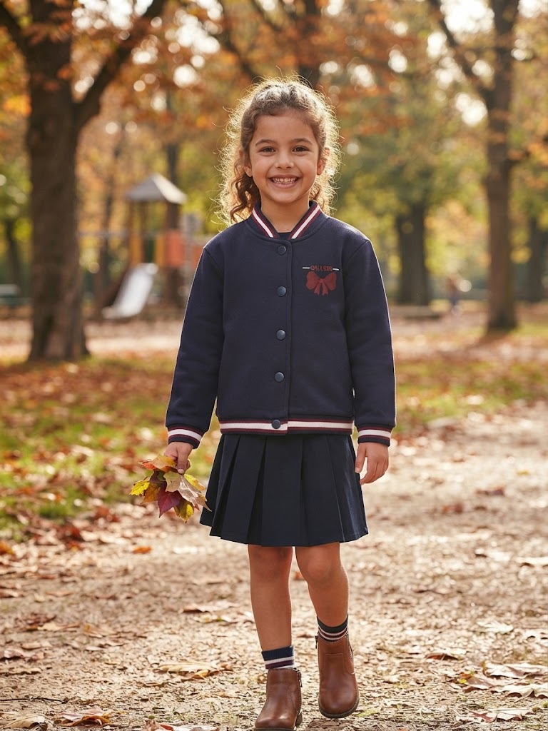 253a158b-ccfd-4bf8-9048-072730eecbb2 - Da-Da Kids Smiling young girl in a navy school jacket and pleated skirt walks on a leaf-covered path in autumn