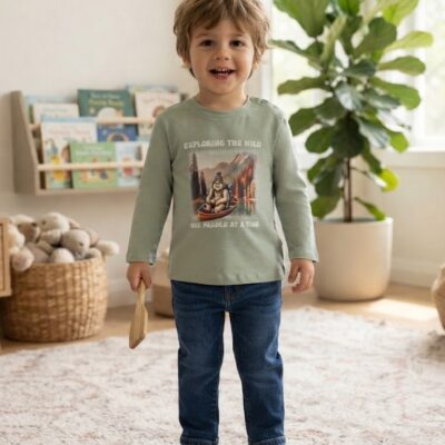 Smiling young boy standing in a bright playroom, holding a wooden toy and wearing a green graphic shirt, jeans and tan shoes.