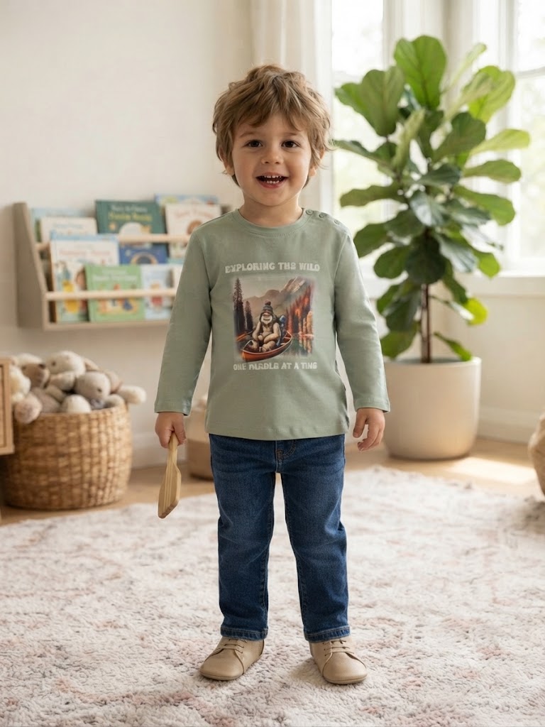 2b95e6c8-60c9-4179-bdf3-1887acb38b90 - Da-Da Kids Smiling young boy standing in a bright playroom, holding a wooden toy and wearing a green graphic shirt, jeans and tan shoes.