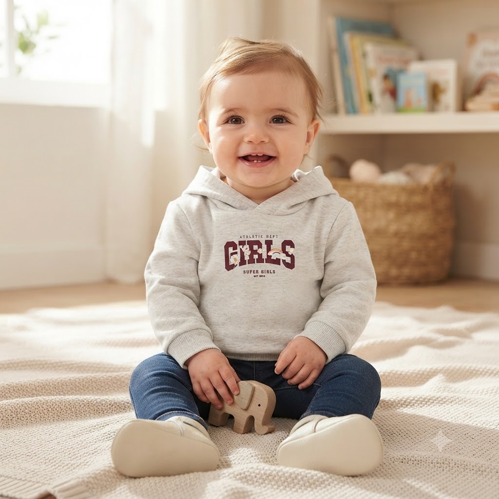 478823d4-dcf5-44e5-ad70-85e2fc54b616 - Da-Da Kids Smiling toddler sits on a beige blanket, holding a wooden elephant toy in a cozy room with bookshelves in the background.