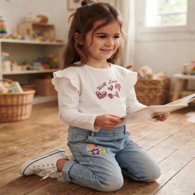 4844c54f-b3f7-41ae-ba6d-80a60173fdb3 - Da-Da Kids A young girl kneels on a wooden floor, smiling while reading a book in a cozy playroom with shelves of toys in the background.