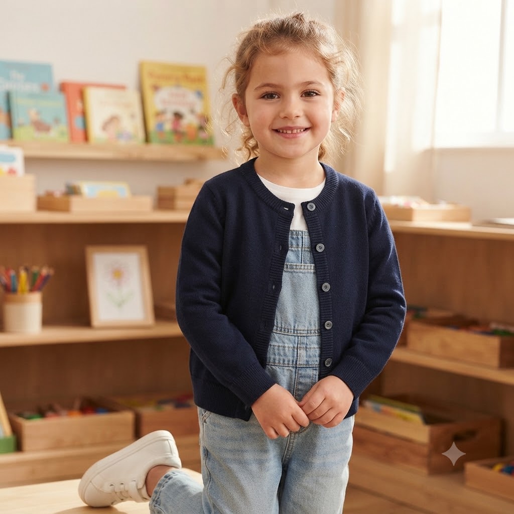 6453fa1f-b0f8-4c76-8cfa-34e17d283f2f - Da-Da Kids Smiling young girl standing in a classroom, wearing a navy cardigan and light denim overalls, with bookshelves in the background.