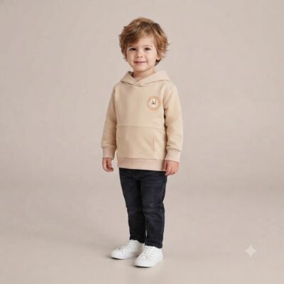 Toddler wearing beige hoodie, dark jeans and white sneakers, standing against a neutral backdrop.