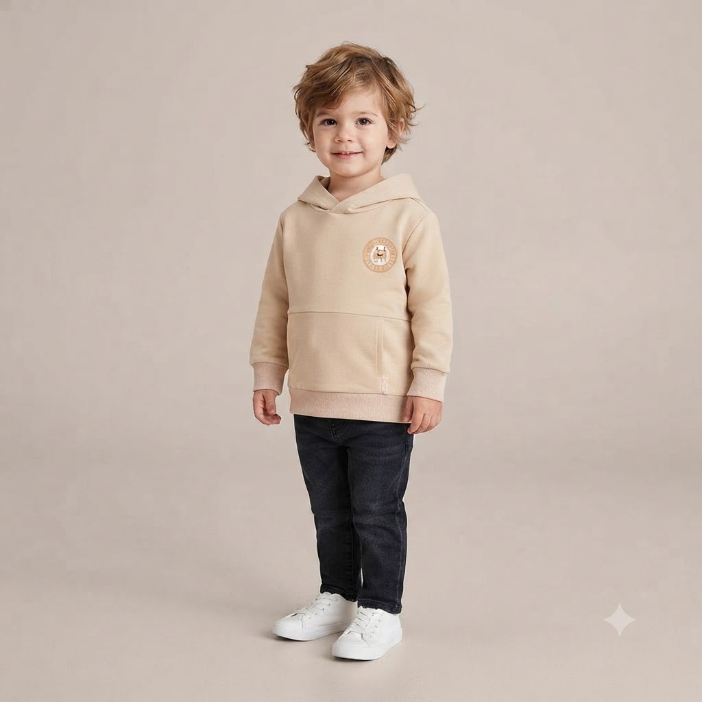684cd969-2011-42cf-bb58-510b6351abed - Da-Da Kids Toddler wearing beige hoodie, dark jeans and white sneakers, standing against a neutral backdrop.
