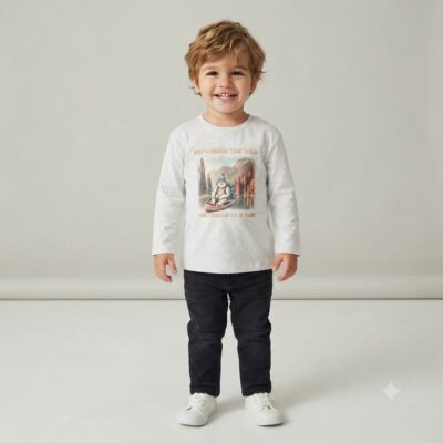 Smiling young child standing facing the camera in a gray long-sleeve shirt with a camping graphic, dark jeans, and white sneakers.