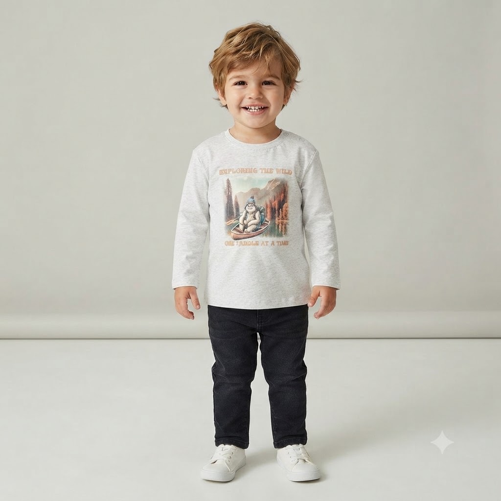 77506e72-f30d-461a-a1d4-022dc0bf6cfb - Da-Da Kids Smiling young child standing facing the camera in a gray long-sleeve shirt with a camping graphic, dark jeans, and white sneakers.