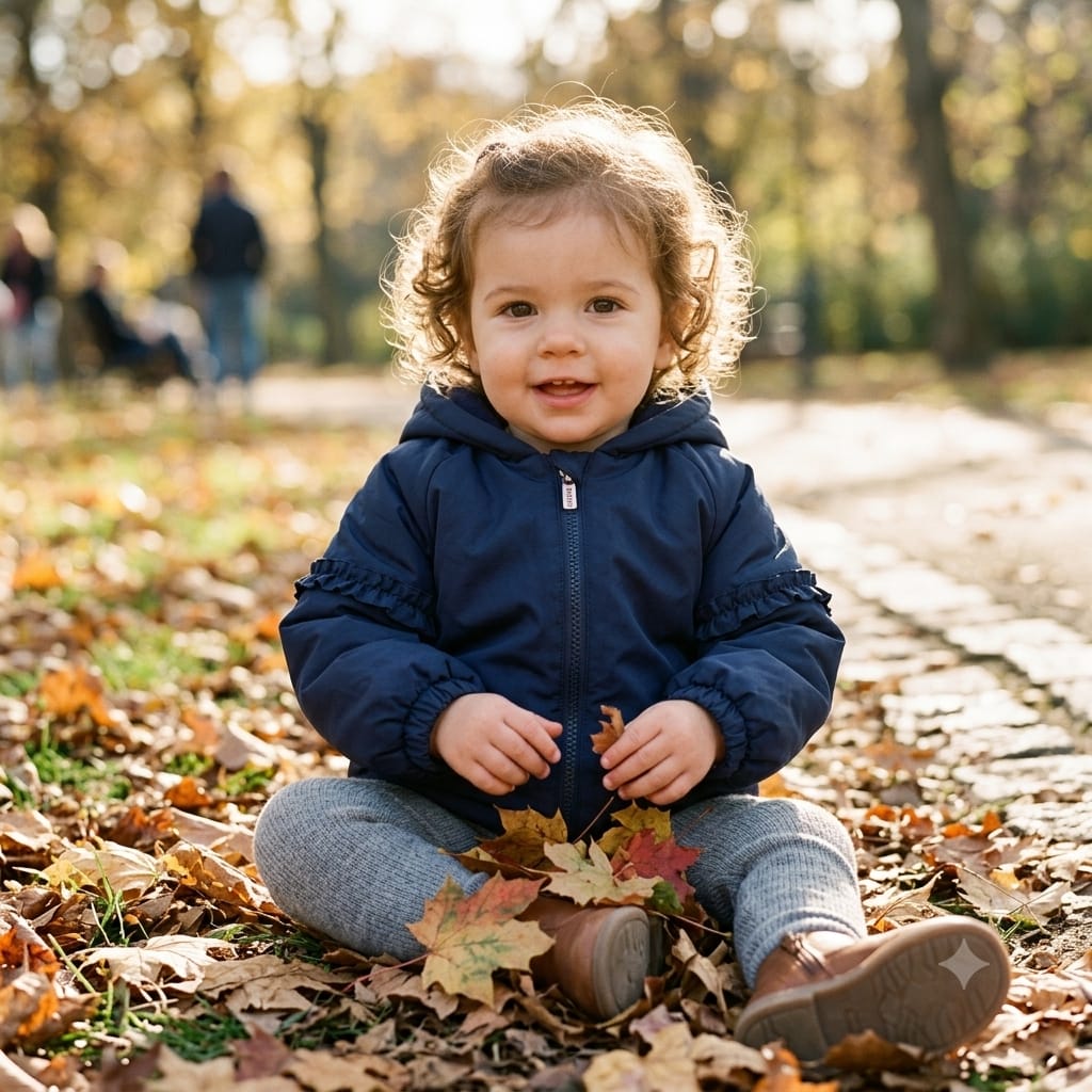 WhatsApp Image 2026-07-21 at 185006 - Da-Da Kids Toddler sitting among autumn leaves in a park, wearing a navy jacket and jeans, smiling at the camera.