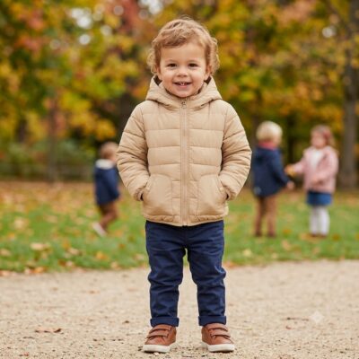 c8ba5502-e2a6-46a6-8061-2115ab260855 - Da-Da Kids Toddler wearing a tan puffer jacket stands on a gravel path in a park with autumn leaves, smiling at the camera.