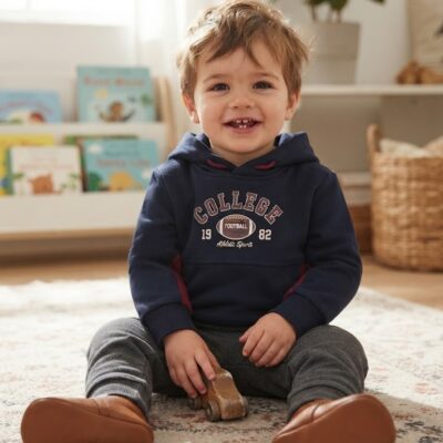 Smiling toddler sits cross‑legged on a patterned rug indoors, wearing a navy hoodie and brown shoes, holding a wooden toy car.