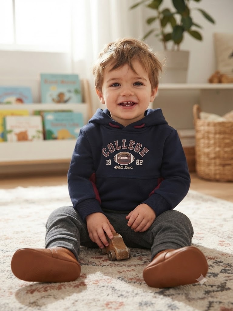 de7652f4-a6d2-4fa5-8c75-6bfe22153026 - Da-Da Kids Smiling toddler sits cross‑legged on a patterned rug indoors, wearing a navy hoodie and brown shoes, holding a wooden toy car.