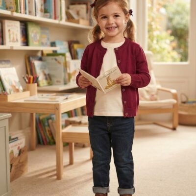 f347ee99-c787-426a-80f0-324edbff5f88 - Da-Da Kids Young girl with pigtails reading a small book in a cozy children's bookstore.