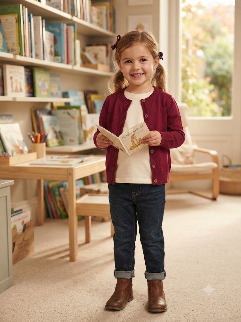 f347ee99-c787-426a-80f0-324edbff5f88 - Da-Da Kids Young girl with pigtails reading a small book in a cozy children's bookstore.