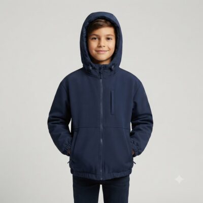 Boy wearing a navy hooded jacket, hands in pockets, facing the camera.