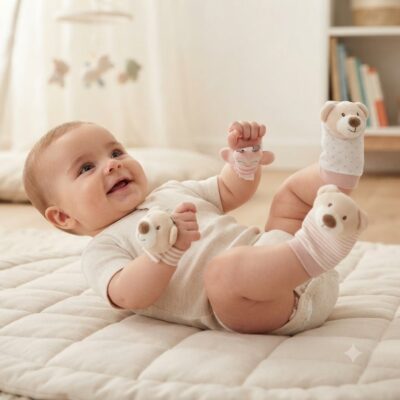 Smiling baby lying on a cream quilt in a light nursery, wearing bear-themed socks and reaching with hands.