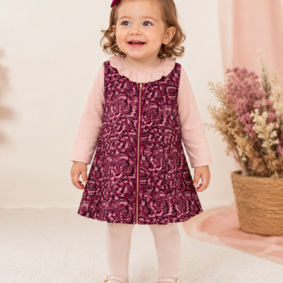 Smiling toddler girl stands indoors in a pink top and burgundy patterned dress with a gold zipper, wearing a pink bow in her hair and pink shoes with tights. Background shows dried flowers in a basket. - Alternative 2: Little girl posing in a pink long-sleeve shirt under a burgundy patterned dress, with a bow in her hair and pale-pink shoes. - Alternative 3: Adorable toddler wearing pastel pink tights and patent shoes, standing on a light carpet in a soft-toned room with a floral backdrop.