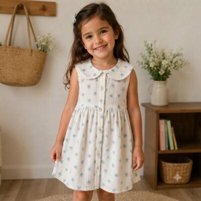 Young girl in a light blue floral dress standing in a cozy room with a basket and bookshelf in the background, smiling at the camera.