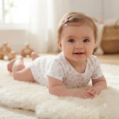 Smiling baby girl in a white onesie with a pink hair clip lies on a fluffy cream rug in a sunlit room.