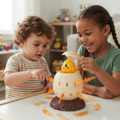 Two smiling children play with a plastic egg toy that hatched a chick, in a bright playroom with toys in the background.