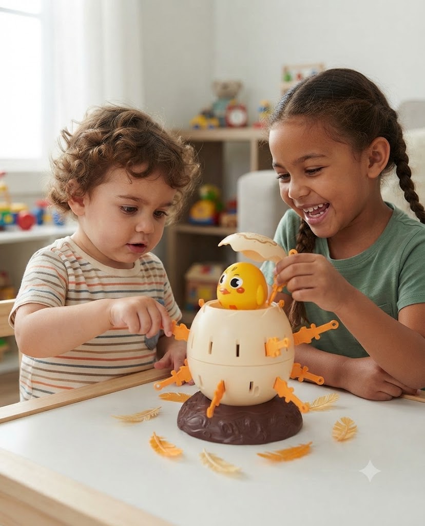 b0a9b507-bbe0-469c-b0e8-59a0f70fadff - Da-Da Kids Two smiling children play with a plastic egg toy that hatched a chick, in a bright playroom with toys in the background.