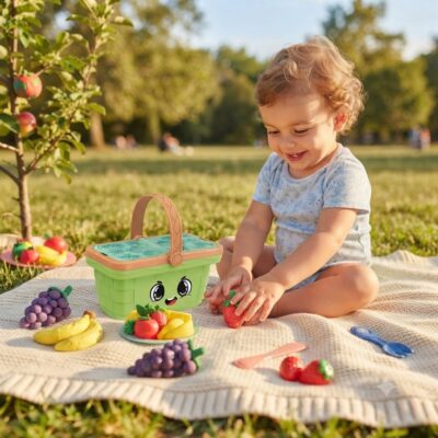 b6424914-7595-4a41-8ca3-3c38569805fb - Da-Da Kids Toddler sitting on a blanket in a sunny park, playing with colorful toy fruits beside a green smiling basket with a handle.