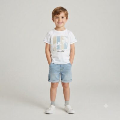Smiling boy in a white graphic T-shirt and light denim shorts, hands in pockets, standing against a neutral backdrop.
