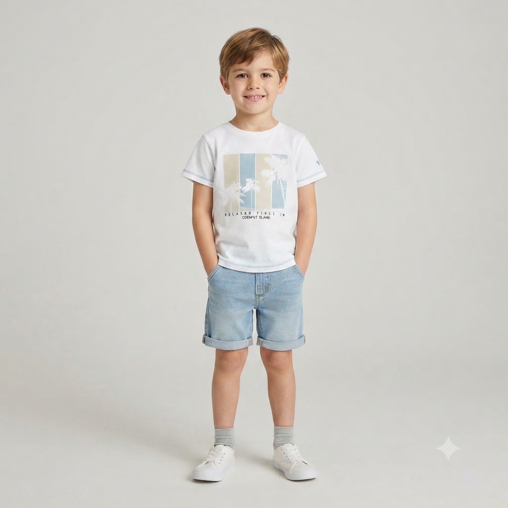 27f2b076-b50c-491f-95ce-8c102d69eb96 - Da-Da Kids Smiling boy in a white graphic T-shirt and light denim shorts, hands in pockets, standing against a neutral backdrop.