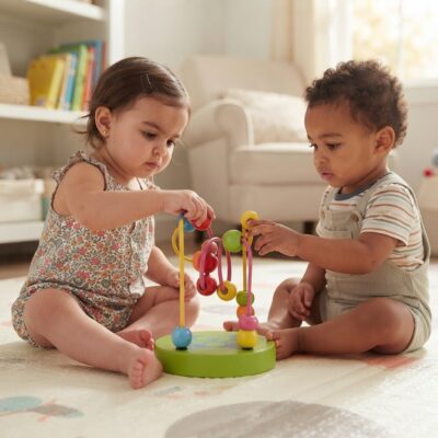 30b31732-26af-4e05-bdff-7ae6c0933d1e - Da-Da Kids Two toddlers play with a colorful bead maze on a green base in a sunny living room, sitting on the floor.