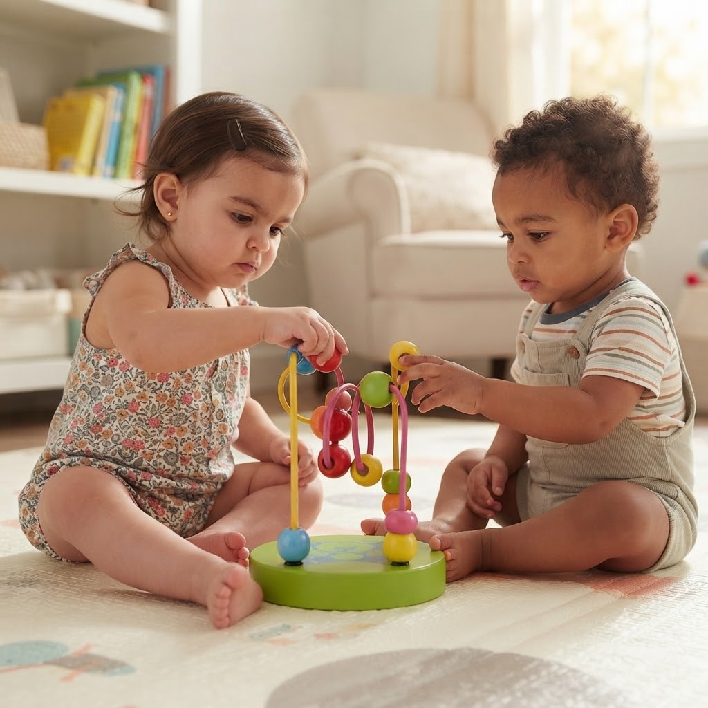 30b31732-26af-4e05-bdff-7ae6c0933d1e - Da-Da Kids Two toddlers play with a colorful bead maze on a green base in a sunny living room, sitting on the floor.