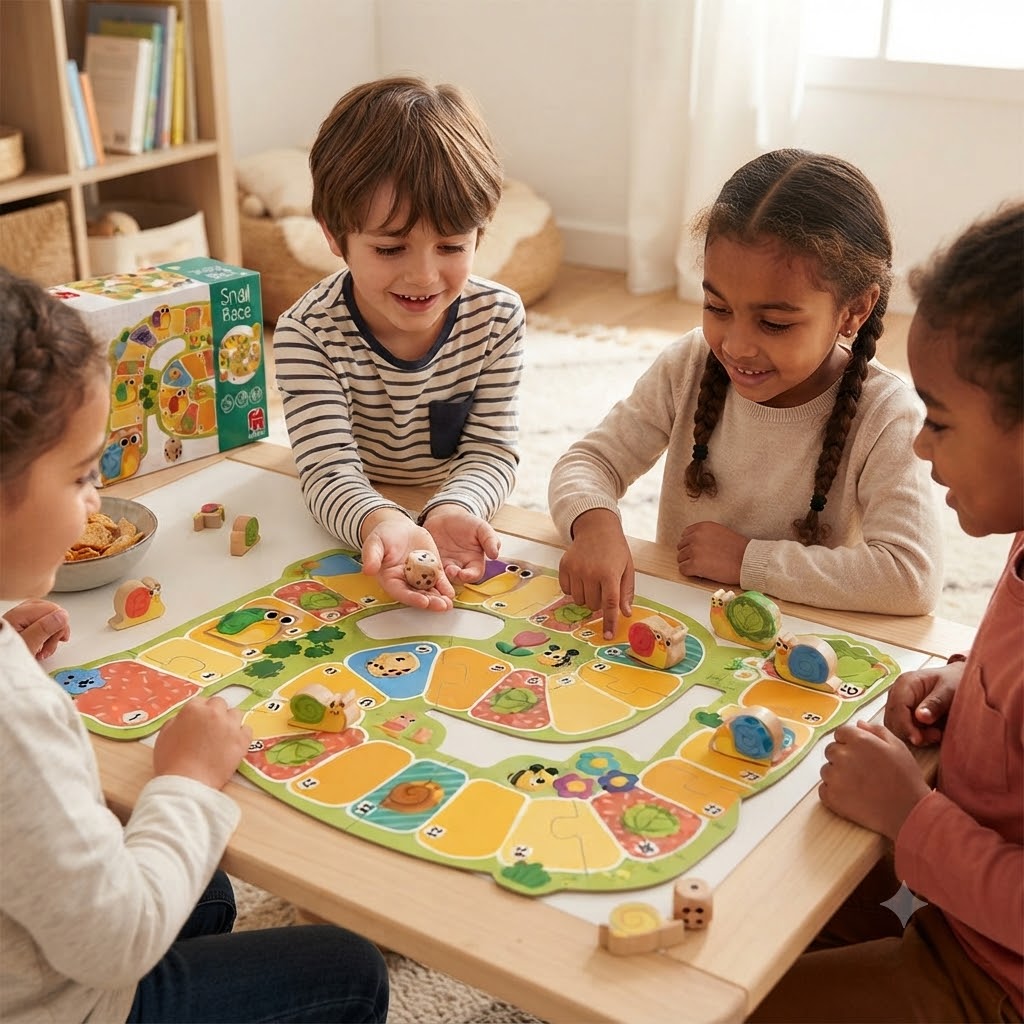 4f30a2f6-cfc6-4396-84c0-1d8459372449 - Da-Da Kids Children sit around a colorful board game on a table, rolling dice and moving wooden tokens together in a bright playroom.