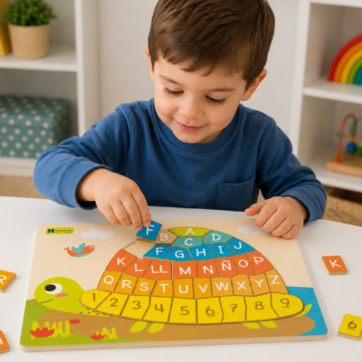 556d4eae-2af9-40f9-a591-d08ff92c7cb7 - Da-Da Kids Young boy arranging letter tiles on a colorful turtle-shaped alphabet puzzle at a white table.