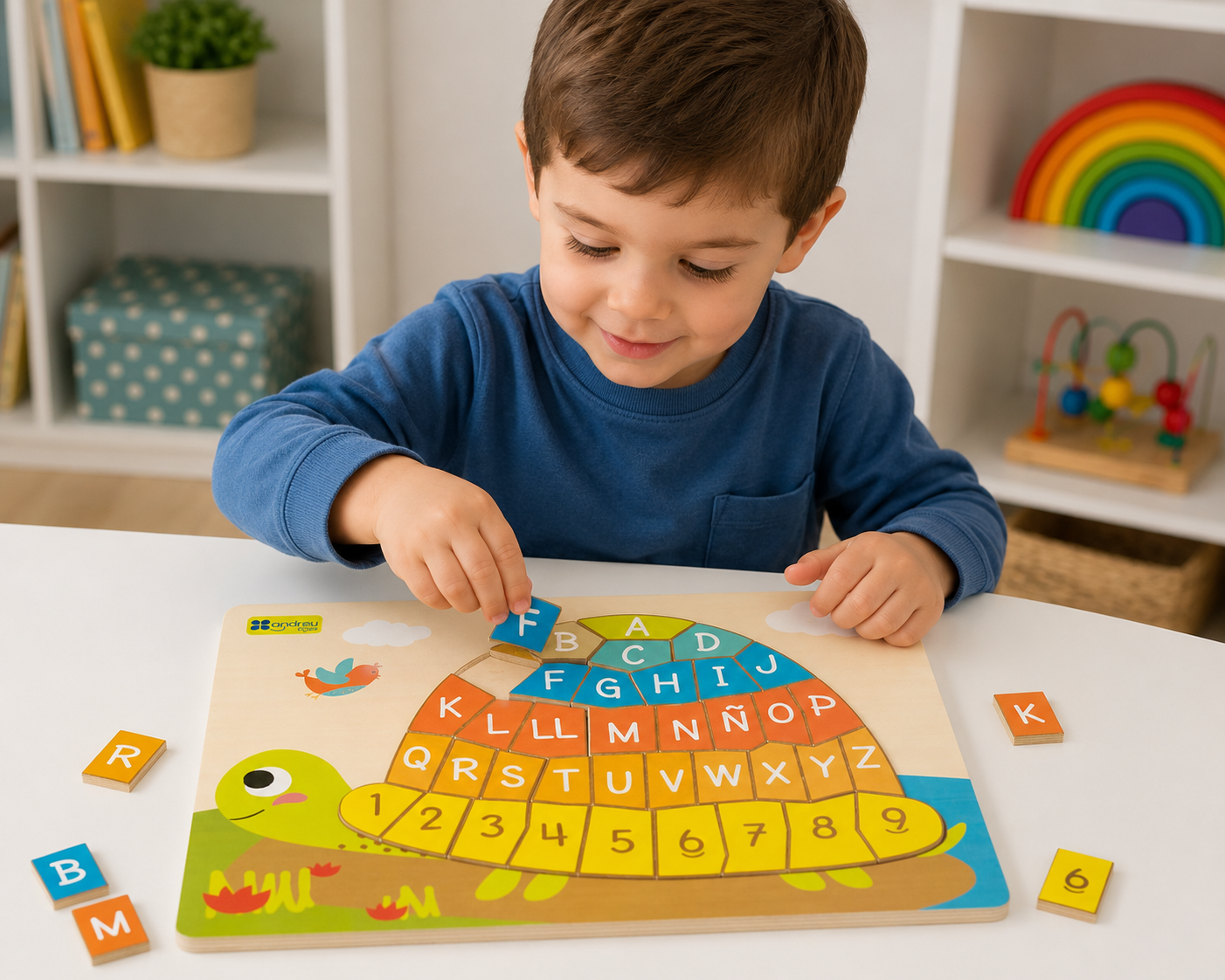556d4eae-2af9-40f9-a591-d08ff92c7cb7 - Da-Da Kids Young boy arranging letter tiles on a colorful turtle-shaped alphabet puzzle at a white table.