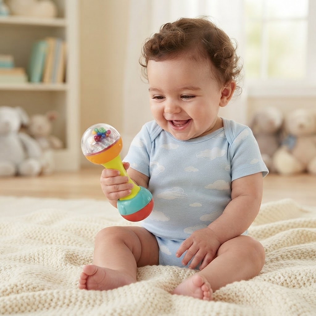 9ce2f41d-e4bd-4aae-8415-bc33788aeb17 - Da-Da Kids Smiling baby in a light blue outfit sits on a cream knitted blanket, holding a colorful rattle with beads.
