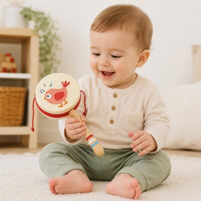 Smiling baby sits on a cream rug, holding a small drum with a bird illustration by a red strap.