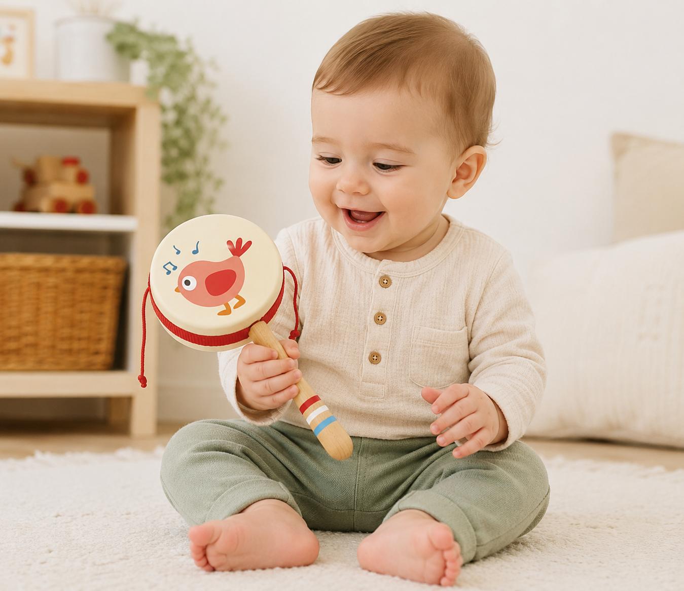 WhatsApp Image 2026-07-20 at 131444 - Da-Da Kids Smiling baby sits on a cream rug, holding a small drum with a bird illustration by a red strap.