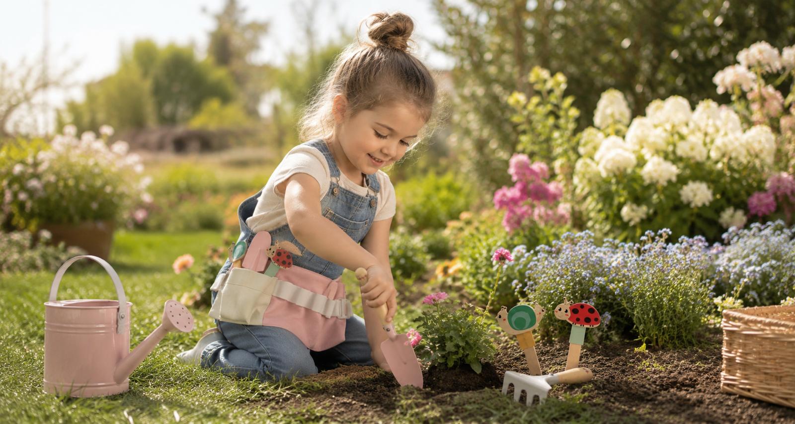 WhatsApp Image 2026-07-20 at 131541 - Da-Da Kids Young girl kneels in a garden, using a small trowel to plant flowers with garden tools nearby and a watering can набор.