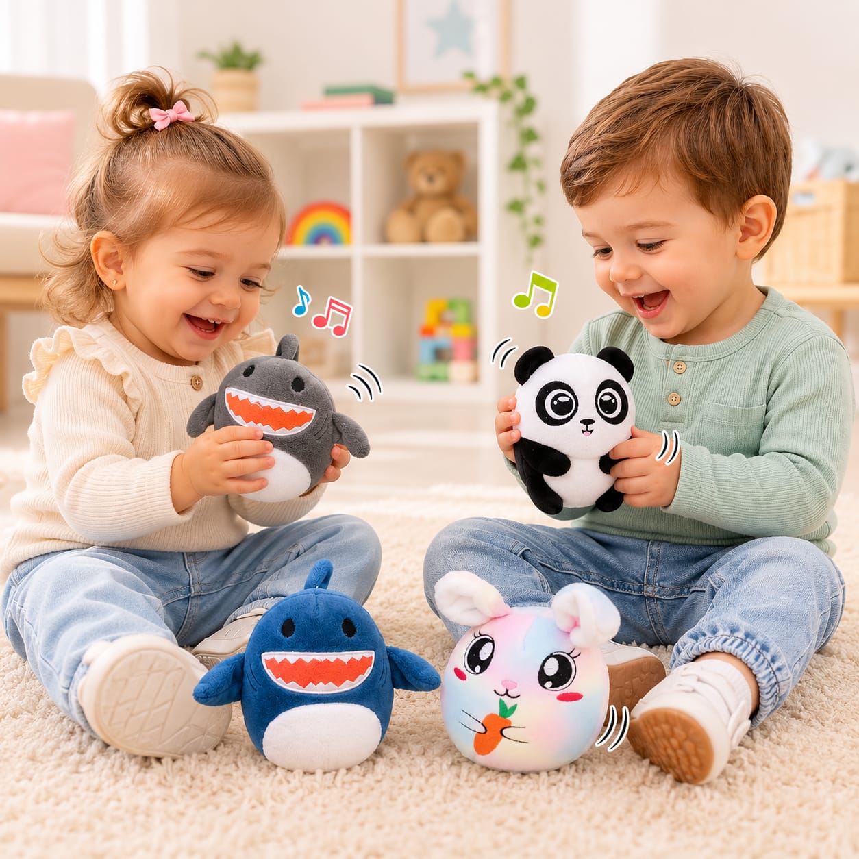 WhatsApp Image 2026-07-22 at 193219 1 - Da-Da Kids Two toddlers sit on a beige rug, smiling as they play with plush sharks, a panda, and a bunny.
