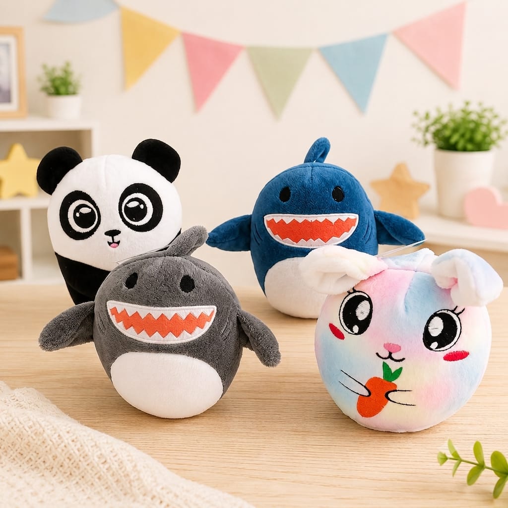 WhatsApp Image 2026-07-22 at 193219 - Da-Da Kids Four cute plush animals on a wooden table: panda, blue shark, gray shark, and a pastel bunny holding a carrot.