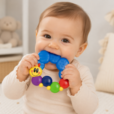 ae486319-cc46-4a2f-b402-59f2ad6095bf - Da-Da Kids Baby smiling while chewing on a blue plastic teething toy with colorful beads. Used as a teether for infants and a playful accessory for photos.