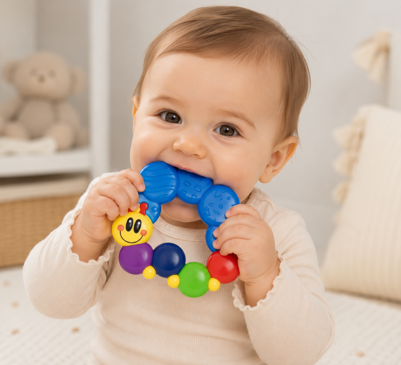 ae486319-cc46-4a2f-b402-59f2ad6095bf - Da-Da Kids Baby smiling while chewing on a blue plastic teething toy with colorful beads. Used as a teether for infants and a playful accessory for photos.