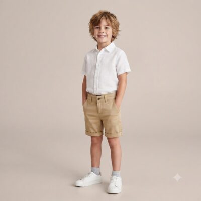 Smiling boy in a white shirt and khaki shorts stands with hands in pockets in a studio background.
