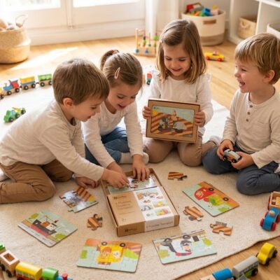 Four kids sit on a beige rug, smiling, as they assemble colorful transport-themed puzzles from a wooden box in a sunlit playroom.