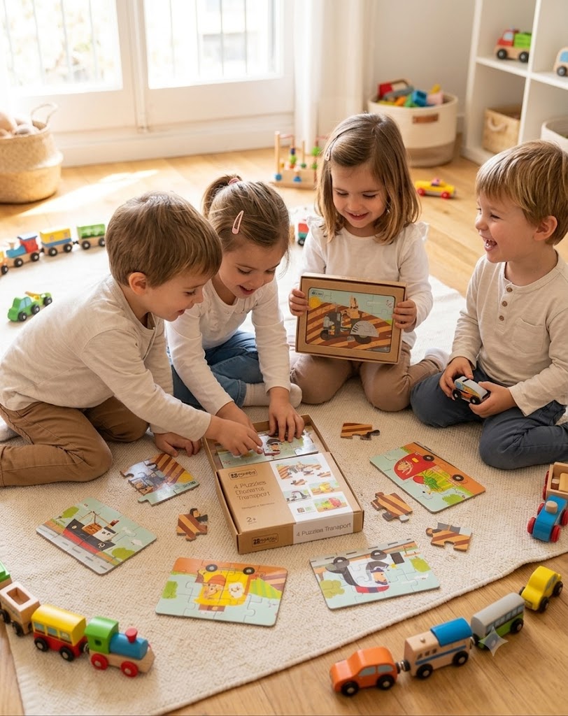 fc8cbcc4-96a9-4ecf-9cb7-66ce76e83422 - Da-Da Kids Four kids sit on a beige rug, smiling, as they assemble colorful transport-themed puzzles from a wooden box in a sunlit playroom.